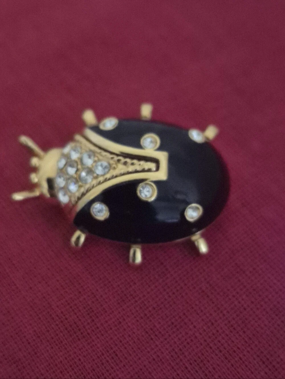 Vtg. St. John Gold-tone Black Enamel and Crystal Rhinestone Ladybug Brooch/Pin